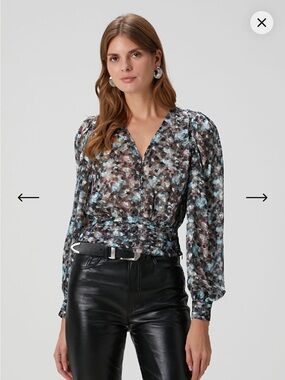 IRO Ruiza Silk Sheer Black Multicolor Rouched Waist Long Sleeve Blouse